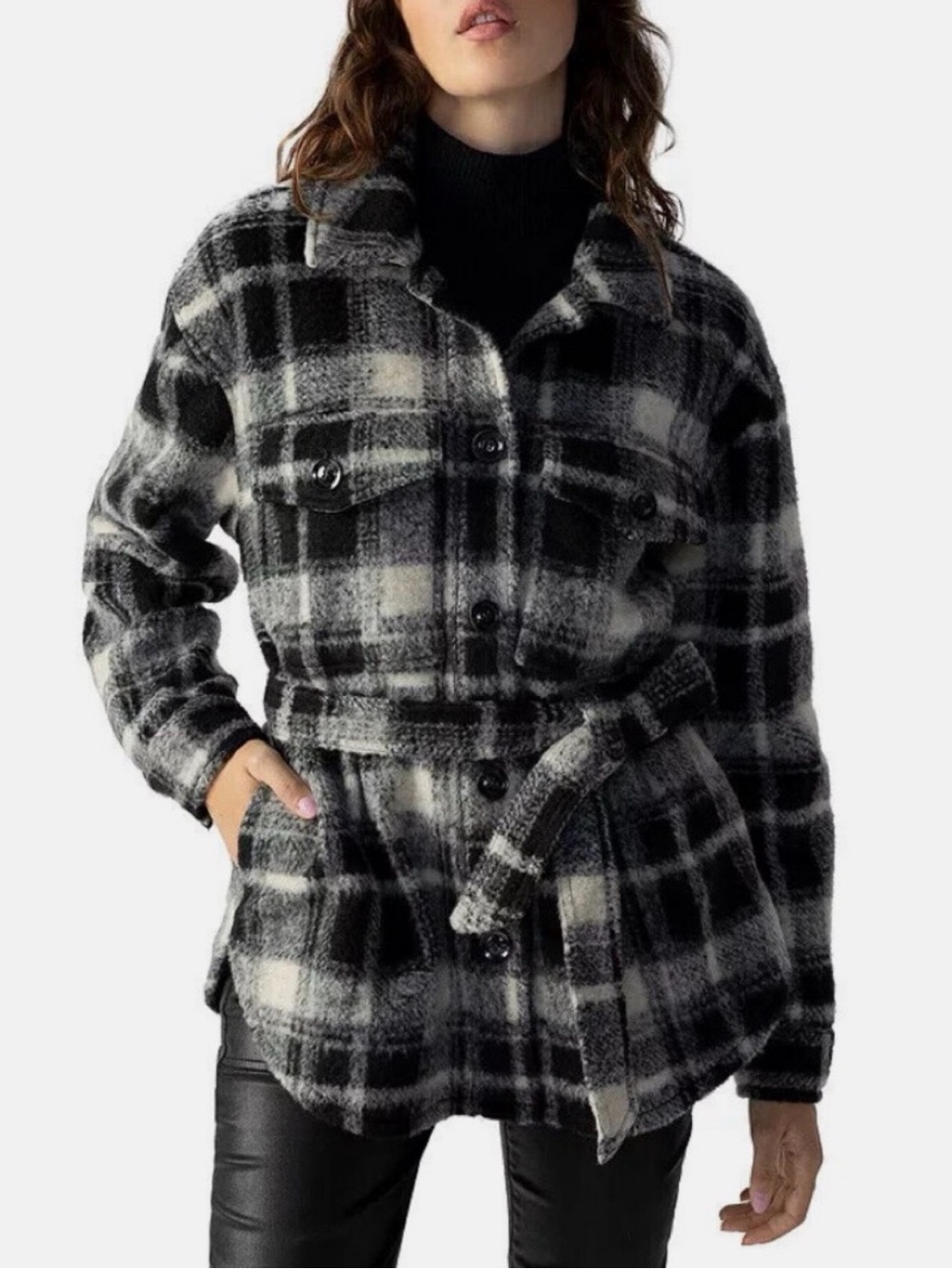 Sanctuary Shay Belted Shirt Jacket shacket button up f collard wool blend coat